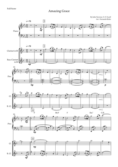 Amazing Grace for Clarinet in Bb & Bass Clarinet in Bb Duo and Piano Accompaniment with Chords (arr. Fernando Britto)