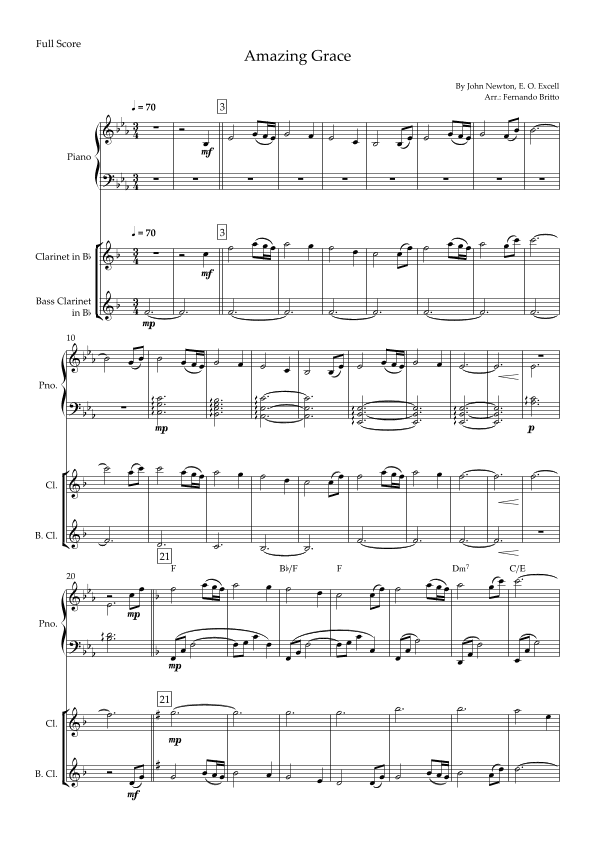 Amazing Grace for Clarinet in Bb & Bass Clarinet in Bb Duo and Piano Accompaniment with Chords (arr. Fernando Britto)