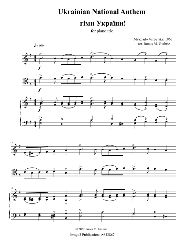 Ukrainian National Anthem for Piano Trio (arr. James M. Guthrie)