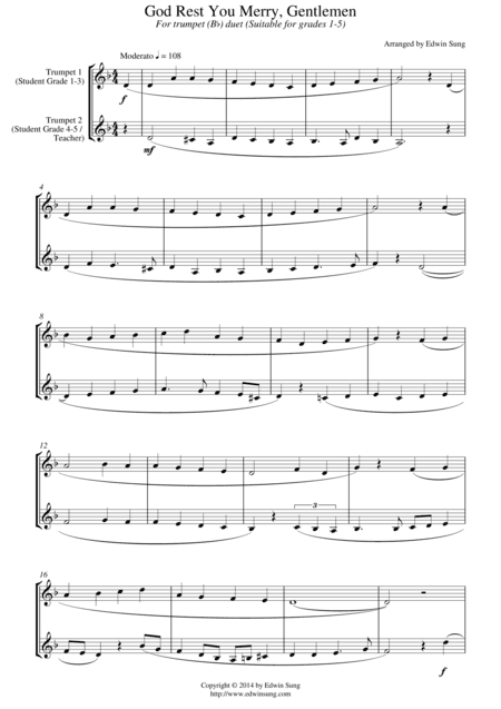 God Rest You Merry, Gentlemen (for trumpet (Bb) duet, suitable for grades 1-5) (arr. Edwin Sung)