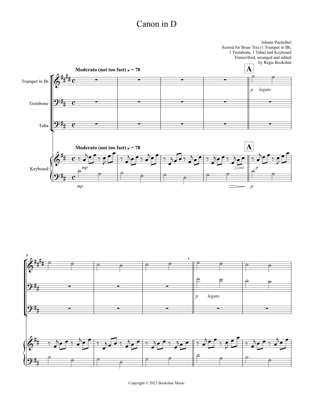 Canon in D (Pachelbel) (D) (Brass  Trio - 1 Trp, 1 Trb, 1 Tuba), Keyboard) (arr. Regis Bookshar)