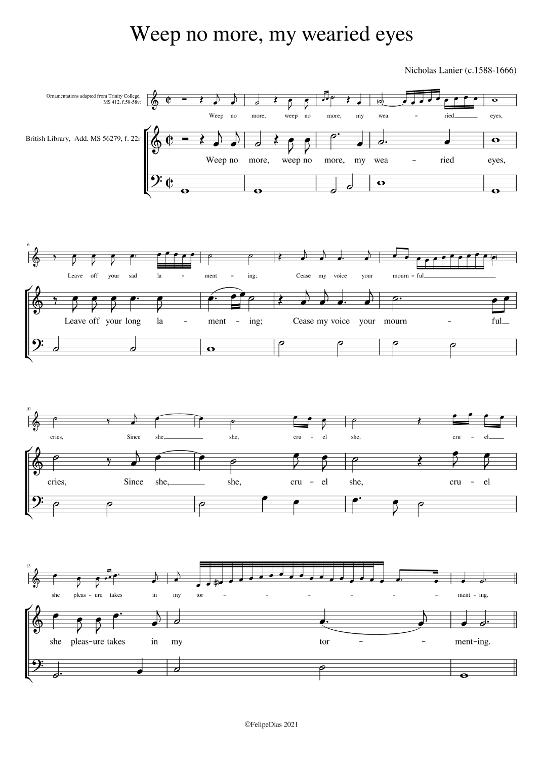 Weep no more my wearied eyes (with ornaments from Trinity College MS 412) (arr. Early Music Scores)