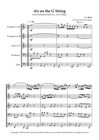 Air on the G String for classical Brass Quintet (from Orchestral Suite No. 3) (arr. Simon Koepp)