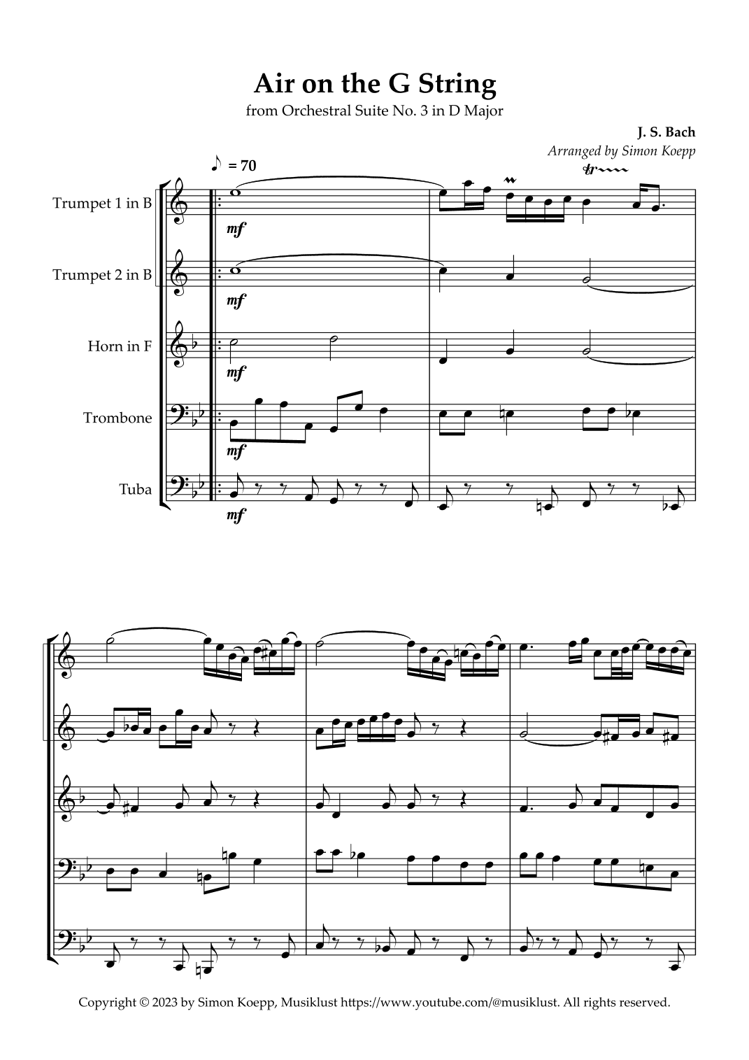 Air on the G String for classical Brass Quintet (from Orchestral Suite No. 3) (arr. Simon Koepp)