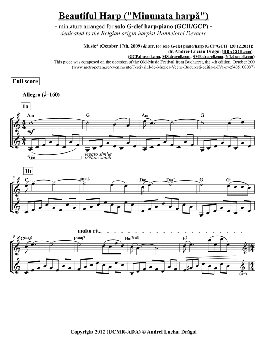 Beautiful Harp ("Minunata harpa") - - arr. for G-clef harp/piano (GCH/GCP) (from my Piano solo aud