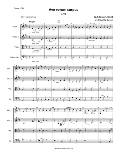 Ave verum corpus K.618 (Mozart) STRING QUARTET (arr. David W. Cason)
