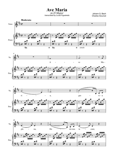 Ave Maria (Bach-Gounod) in D Major for Piano and Voice (arr. Lucas Figueiredo)