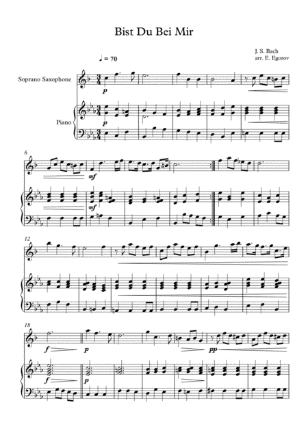 Bist Du Bei Mir, Johann Sebastian Bach, For Soprano Saxophone & Piano