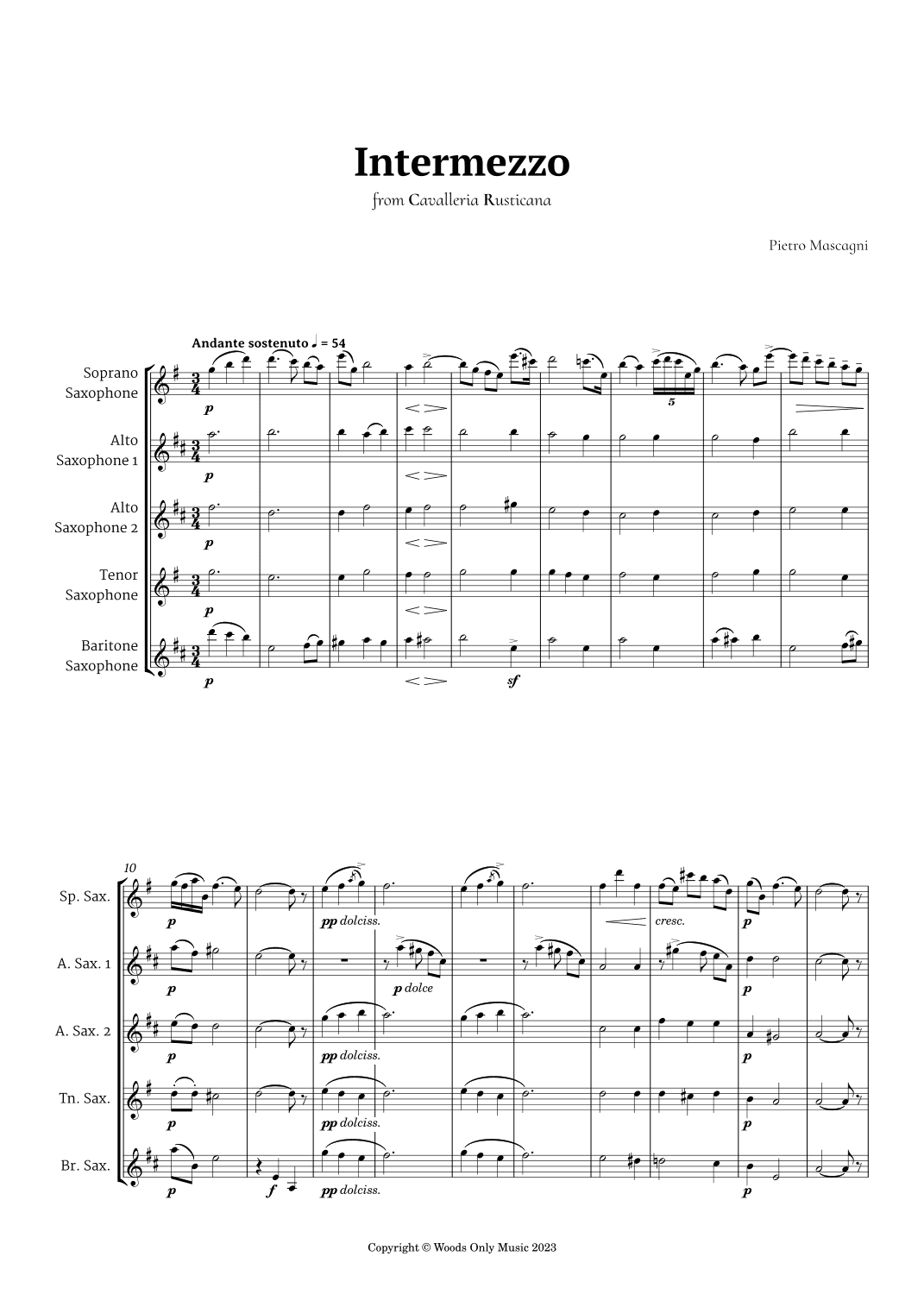 Intermezzo from Cavalleria Rusticana by Mascagni for Saxophone Quintet (arr. Ander)