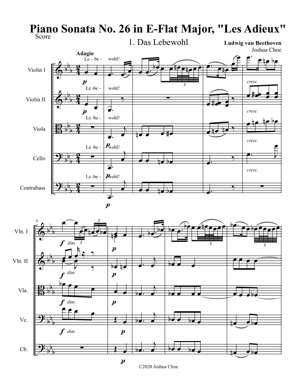 Les Adieux Sonata, Das Lebewohl ("The Farewell") (arr. Joshua Choe)