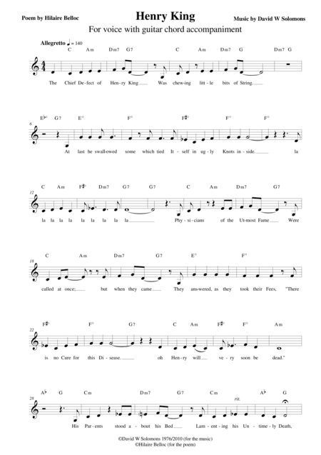 The Chief defect of Henry King for voice and guitar