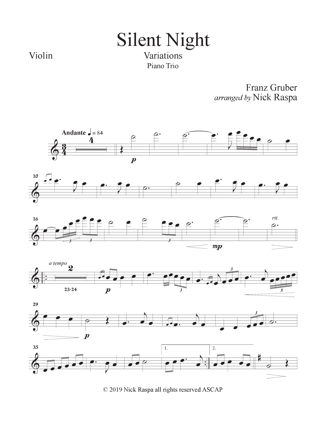Silent Night - Variations (Piano Trio) Violin part (arr. Nick Raspa)