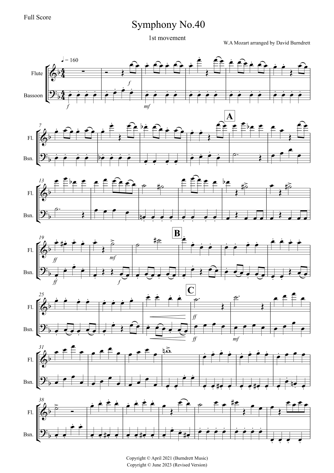 Symphony No.40 (1st movement) for Flute and Bassoon Duet (arr. David Burndrett)