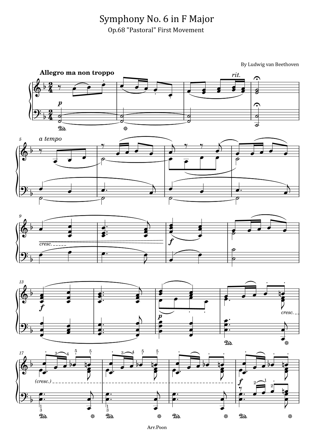 Beethoven/Liszt Symphony No.6 'Pastoral' Op.68 First Movement For Piano Solo Original With Fingered (arr. poon)