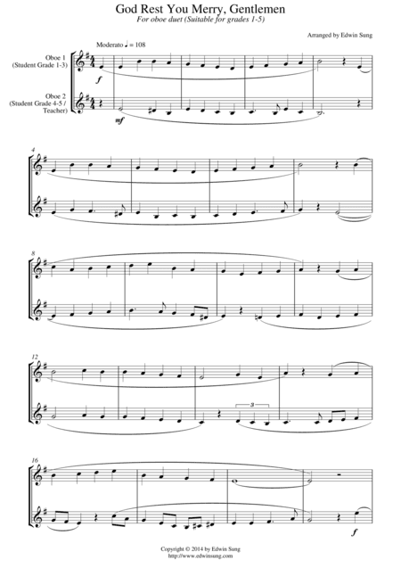 God Rest You Merry, Gentlemen (for oboe duet, suitable for grades 1-5) (arr. Edwin Sung)