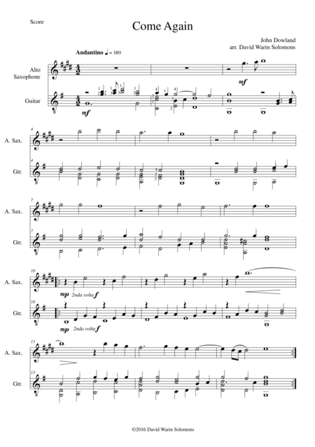 Come again for alto saxophone and guitar (arr. David Warin Solomons)