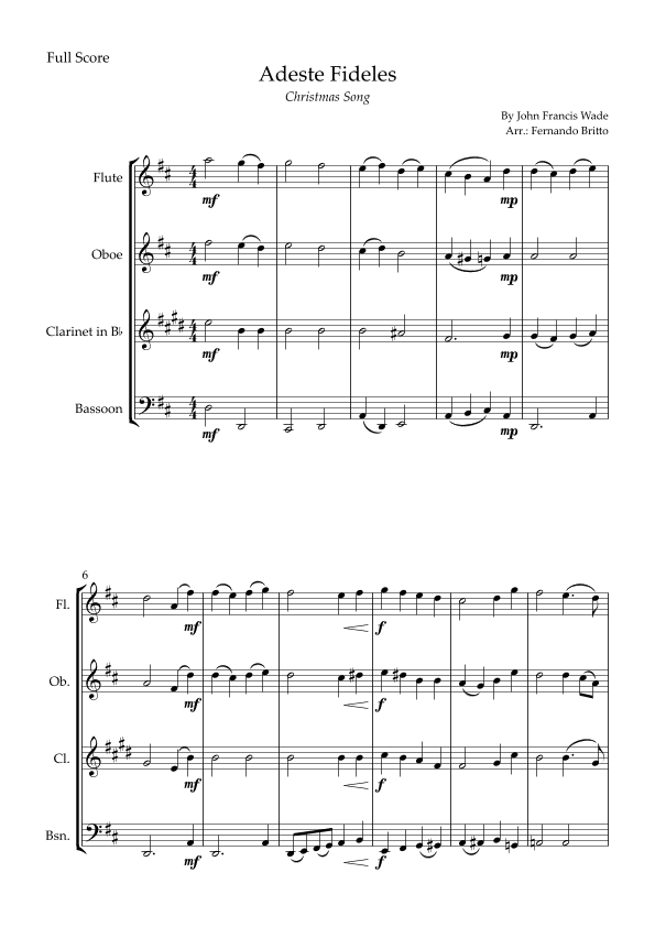 Adeste Fideles (Christmas Song) for Woodwind Quartet (arr. Fernando Britto)