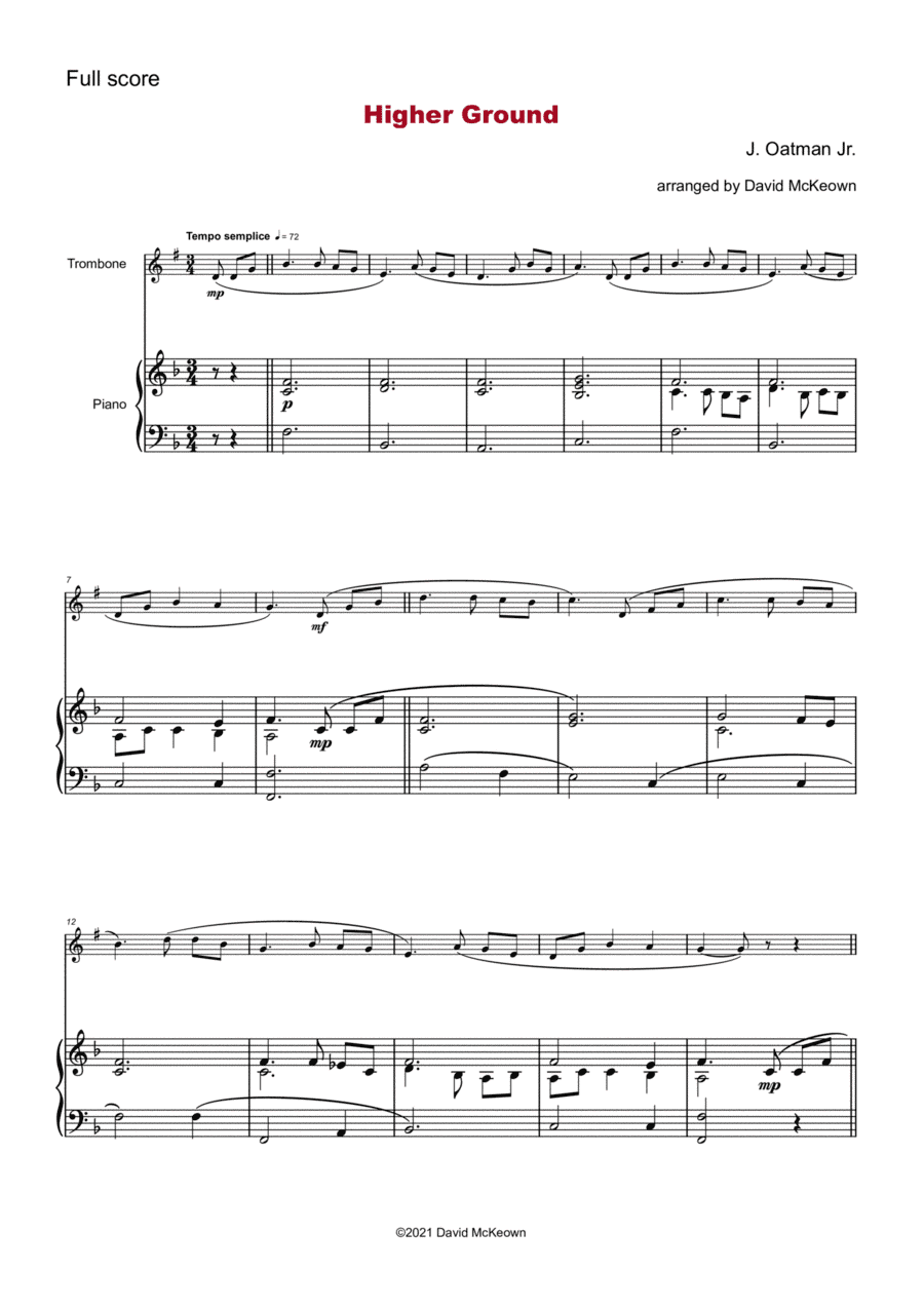 Higher Ground, Gospel Hymn for Trombone (Treble Clef in B Flat) and Piano (arr. David McKeown)