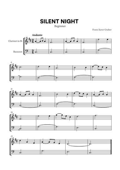Silent Night (Beginner) (for Clarinet and Bassoon) (arr. Cadenza Editions)