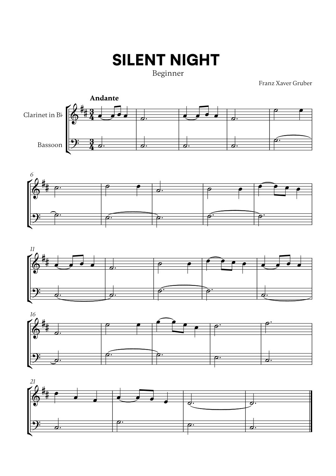 Silent Night (Beginner) (for Clarinet and Bassoon) (arr. Cadenza Editions)