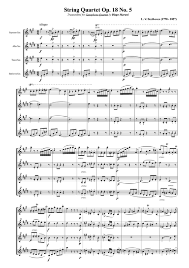 String Quartet Op. 18 No. 5 for Saxophone Quartet (SATB) (arr. Diego Marani)
