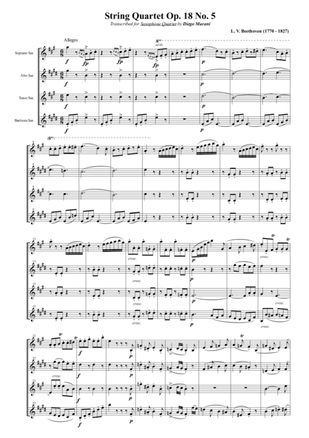 String Quartet Op. 18 No. 5 for Saxophone Quartet (SATB) (arr. Diego Marani)