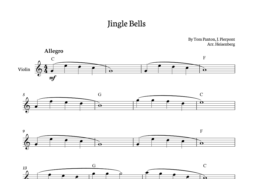 Jingle Bells for Violin with chords (arr. Heisenberg)