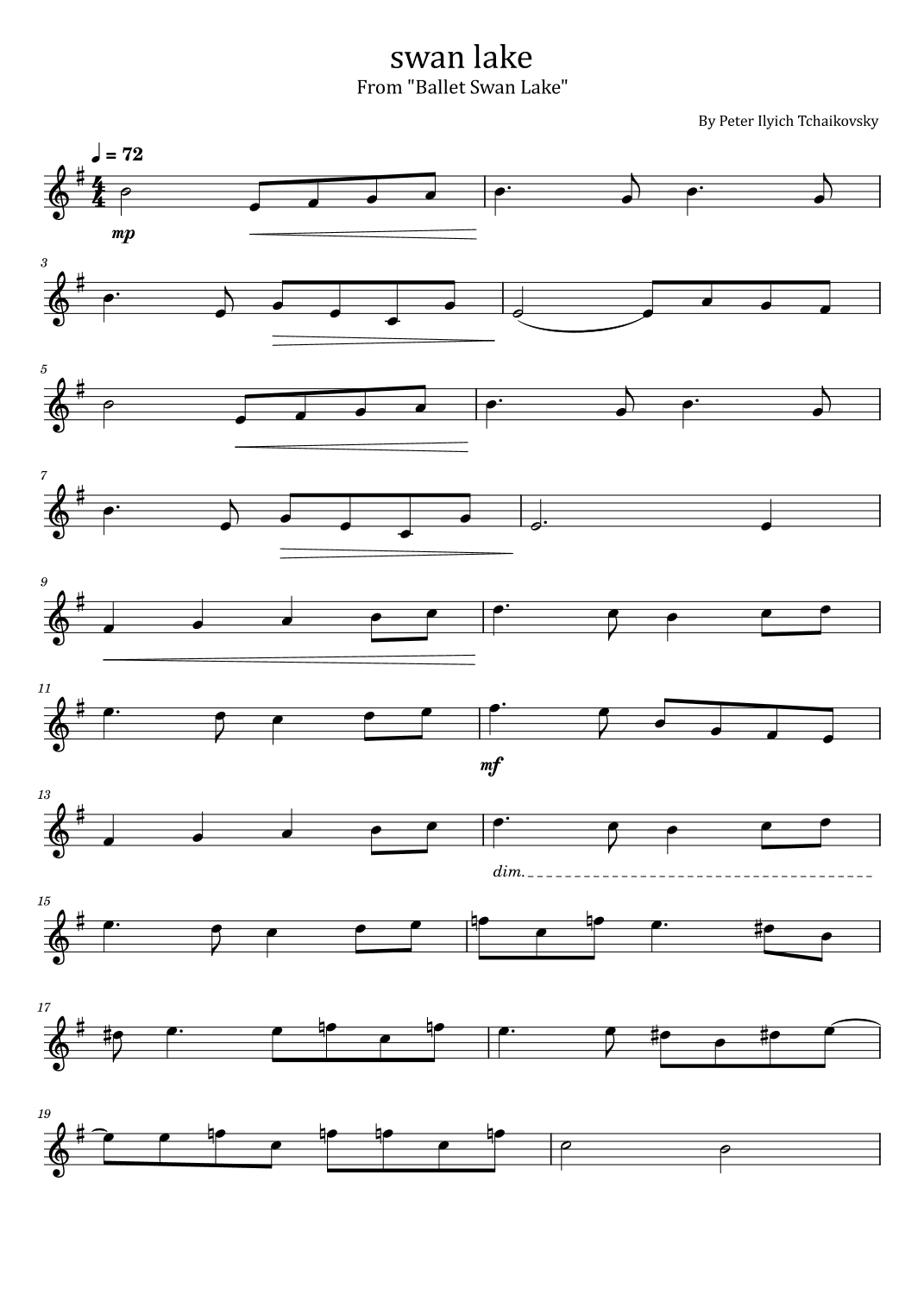 Swan lake - From "Ballet Swan Lake" - For Easy violin Solo (arr. poon)