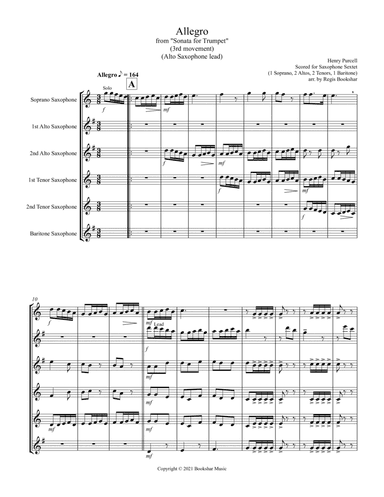 Allegro (from "Sonata for Trumpet") (Bb) (Saxophone Sextet - 1 Sop, 2 Alto, 2 Tenor, 1 Bari) (Alto l (arr. Regis Bookshar)