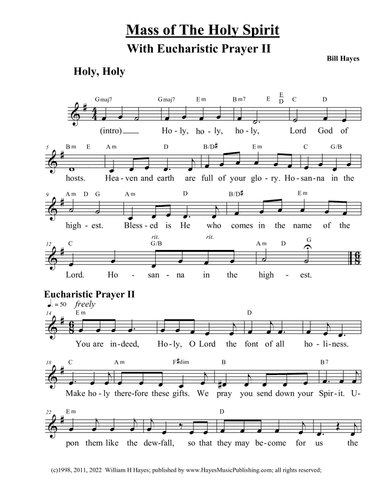 Mass of The Holy Spirit (including Eucharistic Prayer II) Leadsheet