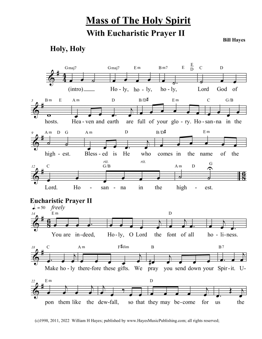 Mass of The Holy Spirit (including Eucharistic Prayer II) Leadsheet