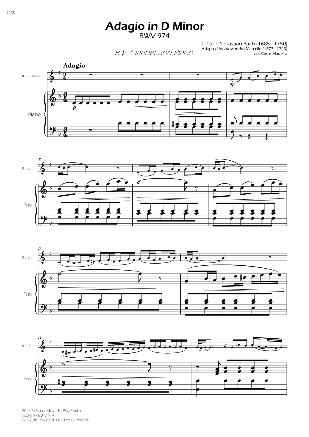 Adagio (BWV 974) - Bb Clarinet and Piano (Full Score) (arr. César Madeira)