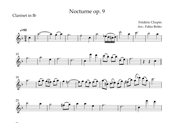 Nocturne Op.9 No. 2 (Frédéric Chopin) for Clarinet in Bb Solo (arr. Fabio Britto)