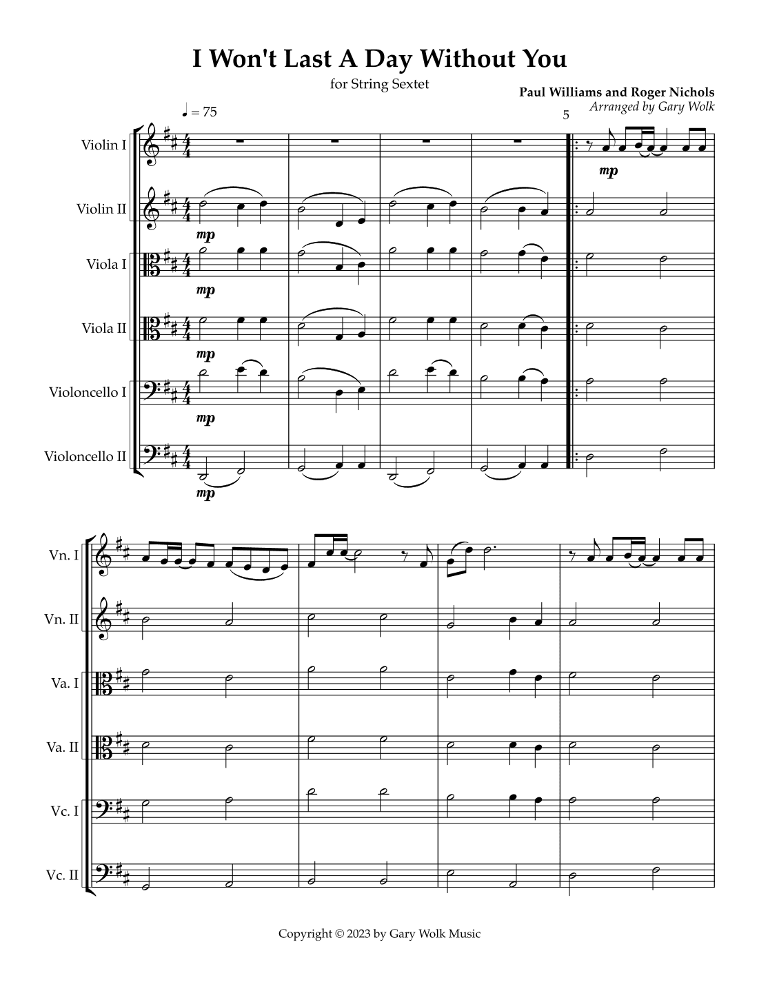 I Won't Last A Day Without You (arr. Gary Wolk)