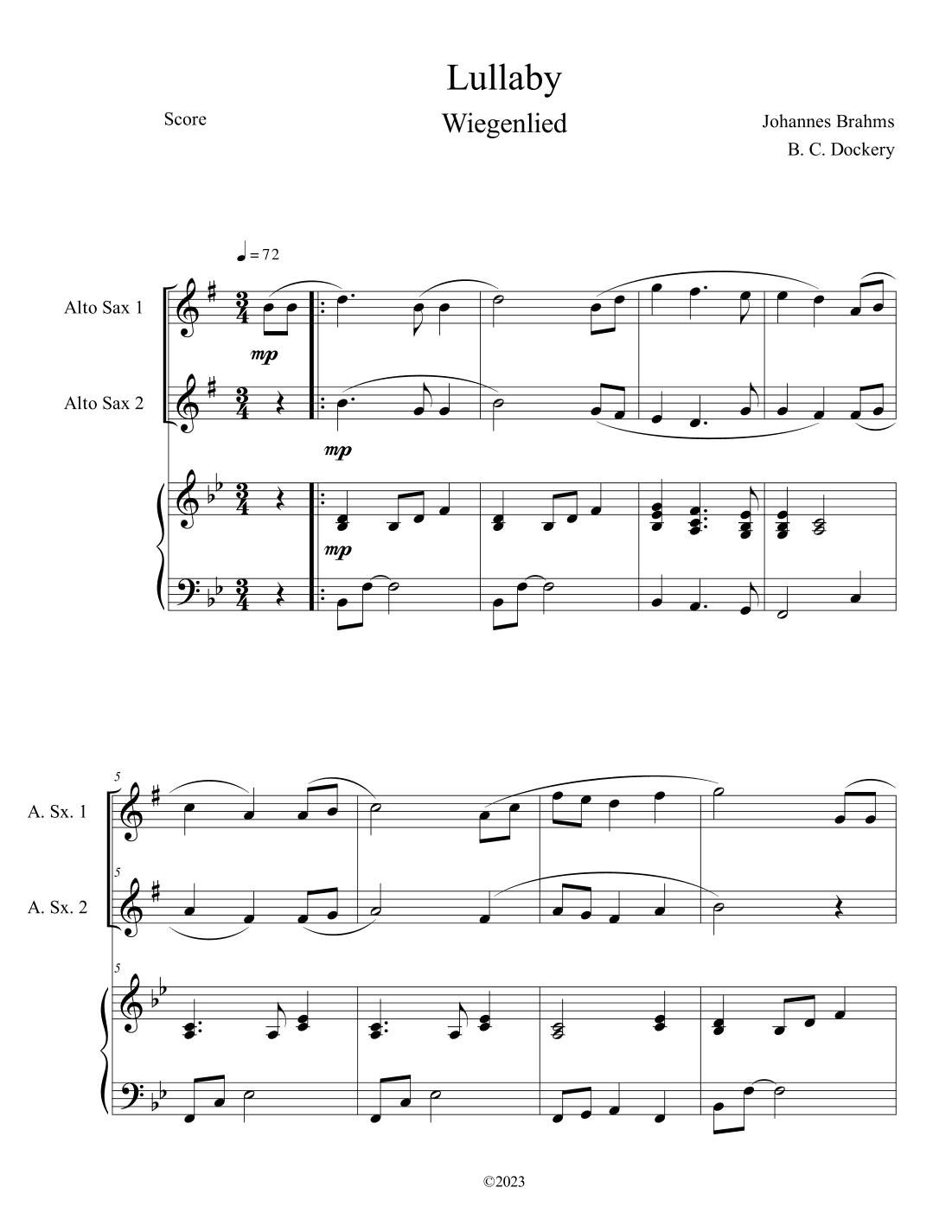 Brahms's Lullaby (Alto Sax Duet with Piano Accompaniment) (arr. B. C. Dockery)
