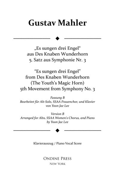Mahler (arr. Lee): Symphony No. 3 5th movement, Piano Vocal Score (Version B for Alto solo, SSAA) (arr. Yoon Jae Lee)