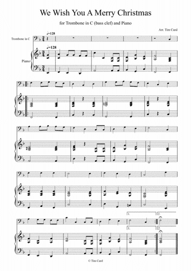 We Wish You a Merry Christmas for Trombone in C (bass clef) and Piano (arr. Tim Curd)