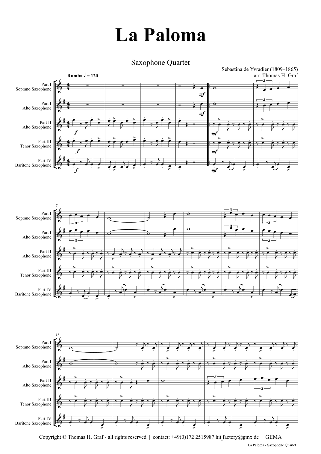 La Paloma - Spanish Habanera - Saxophone Quartet H - Arrangement: Thomas H. Graf (arr. Thomas H. Graf)
