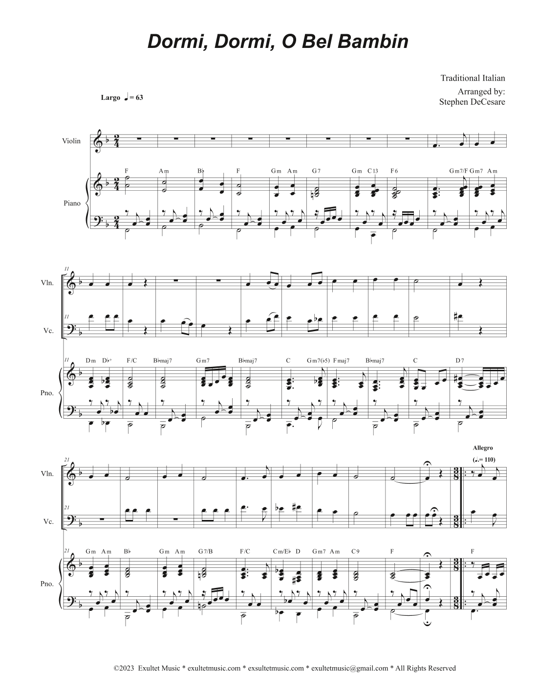 Dormi, Dormi, O Bel Bambin (Duet for Violin and Cello) (arr. Stephen DeCesare)