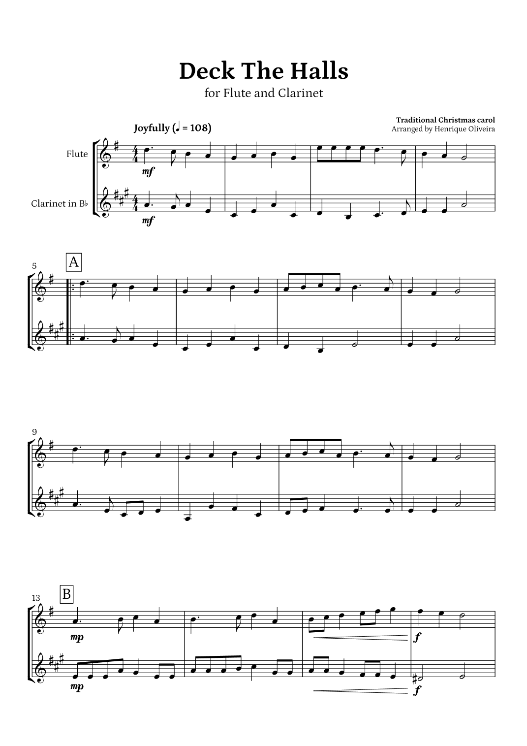 Deck The Halls (Flute and Clarinet) | Christmas Carol (arr. Henrique Oliveira)