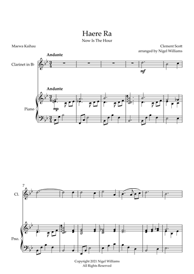 Haere Ra (Now Is The Hour), for Clarinet and Piano (arr. Nigel Williams)