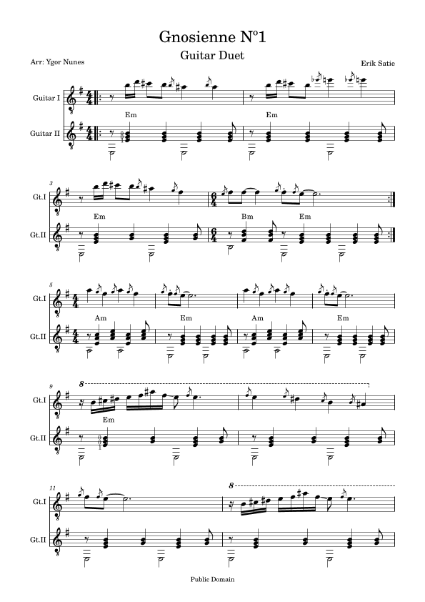 Gnosienne n1 for Guitar Duet, Easy Intermediate, Erik Satie (arr. Ygor Nunes)