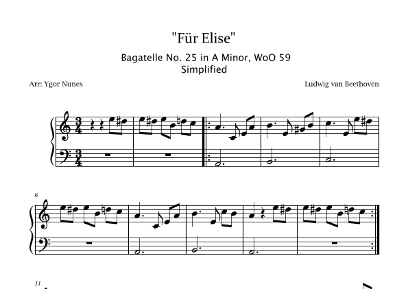 Beethoven - Für Elise - Easy piano. Simplified and Shorter Version (arr. Ygor Nunes)