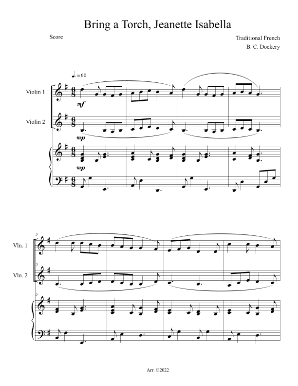 Bring a Torch, Jeanette Isabella (Violin Duet with Piano Accompaniment) (arr. B. C. Dockery)