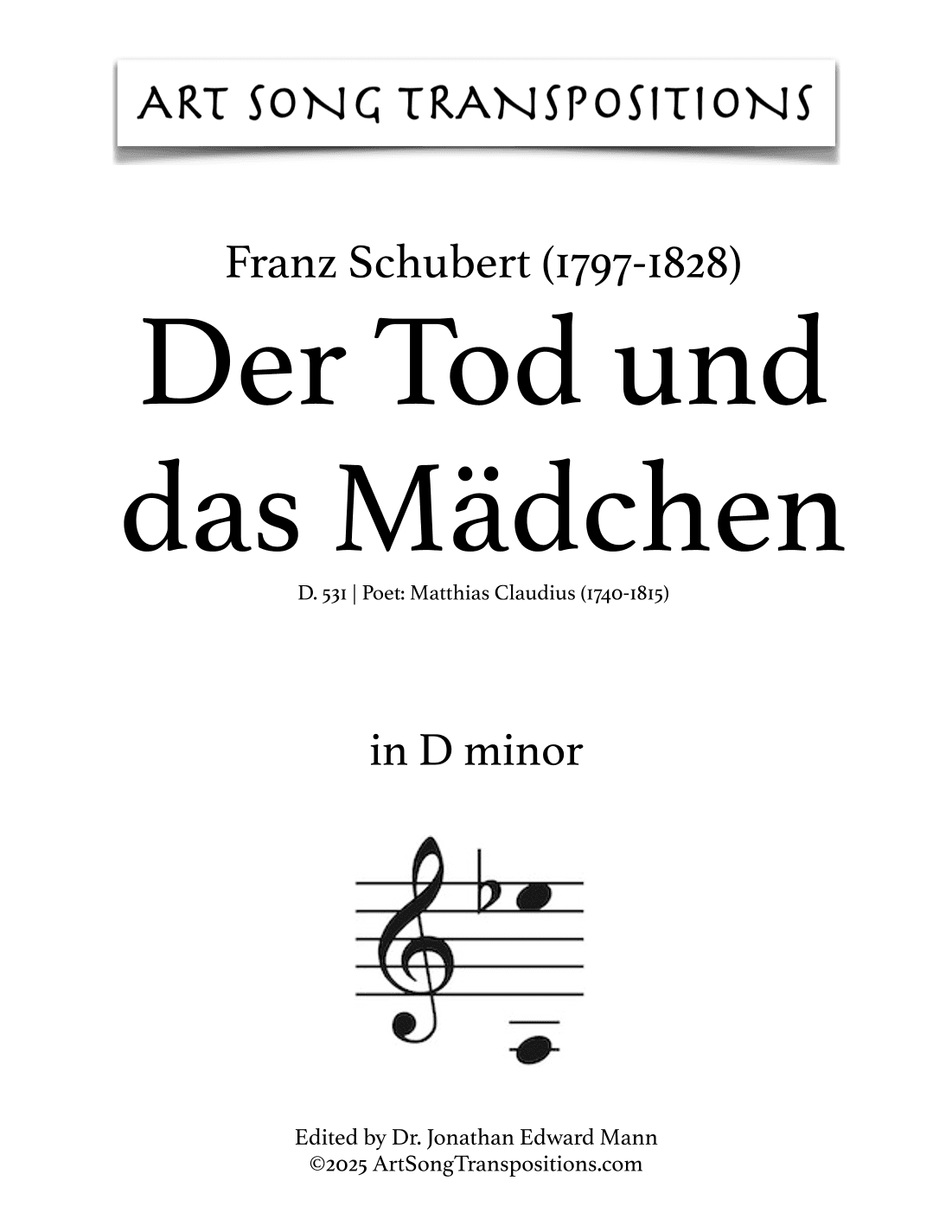 SCHUBERT: Der Tod und das Mädchen, D. 531 (transposed to D minor) (arr. ArtSongTranspositions.com)