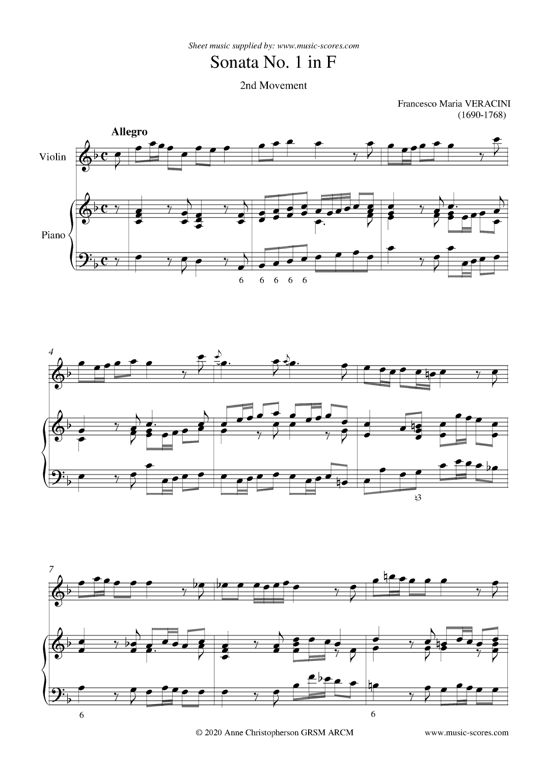 Veracini Allegro - Violin and Piano (arr. Anne L Christopherson GRSM ARCM)