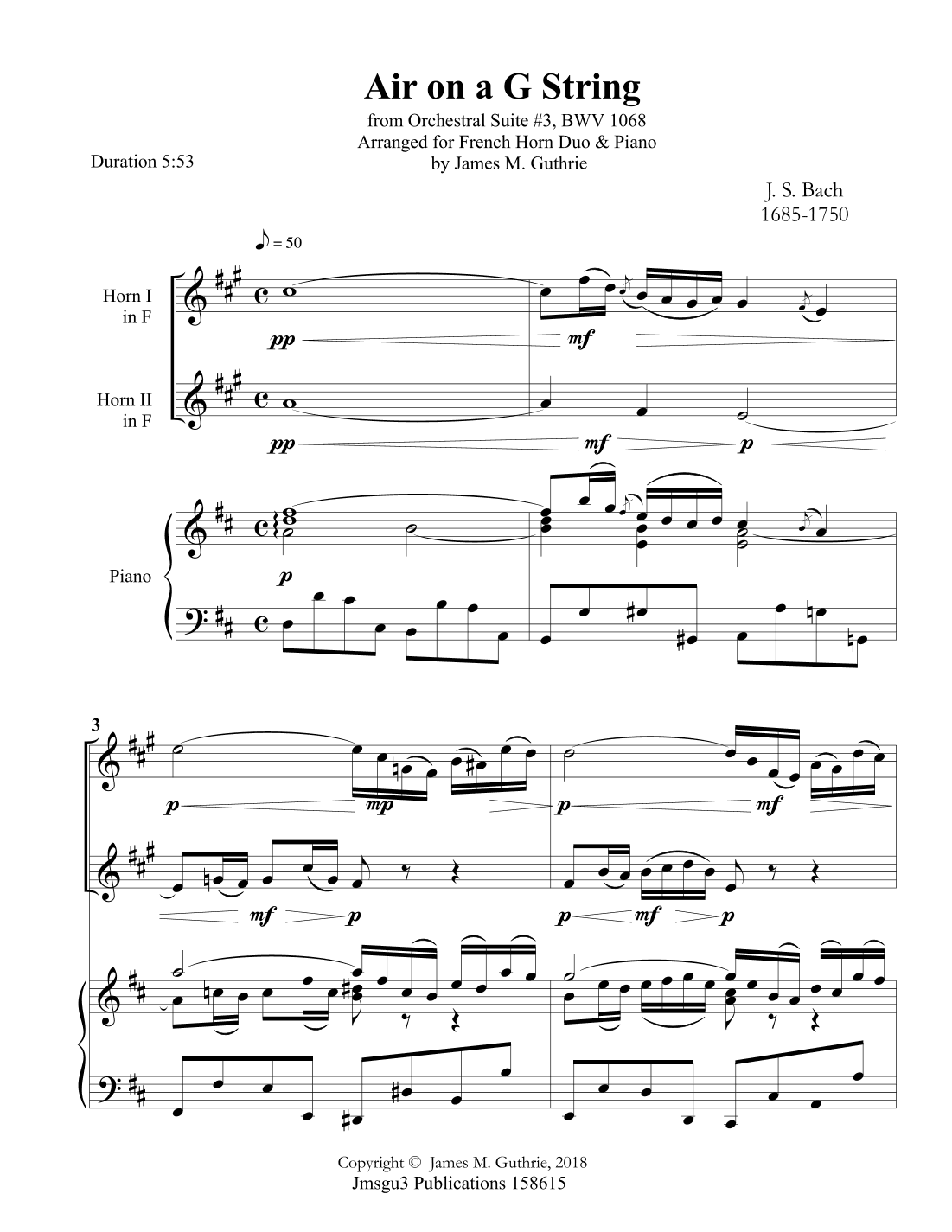 Bach: Air on a G String for French Horn Duo & Piano (arr. James M. Guthrie, ASCAP)