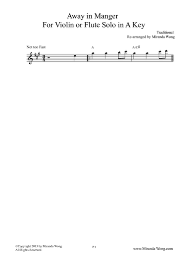 Away in Manger - Violin or Flute Solo in A Key (arr. Miranda Wong)