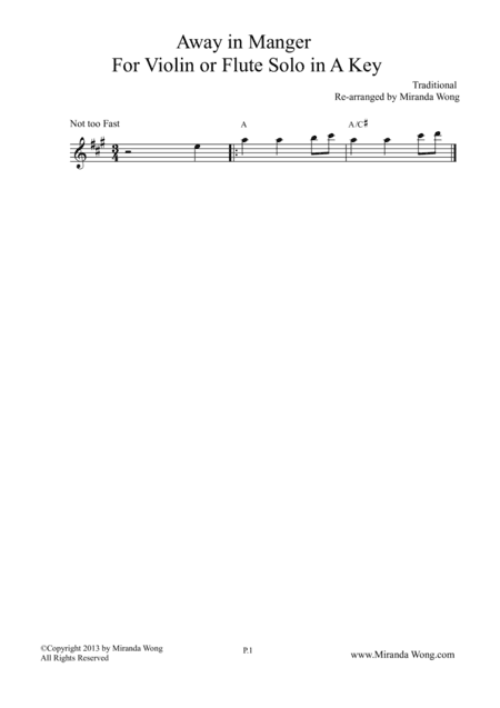 Away in Manger - Violin or Flute Solo in A Key (arr. Miranda Wong)