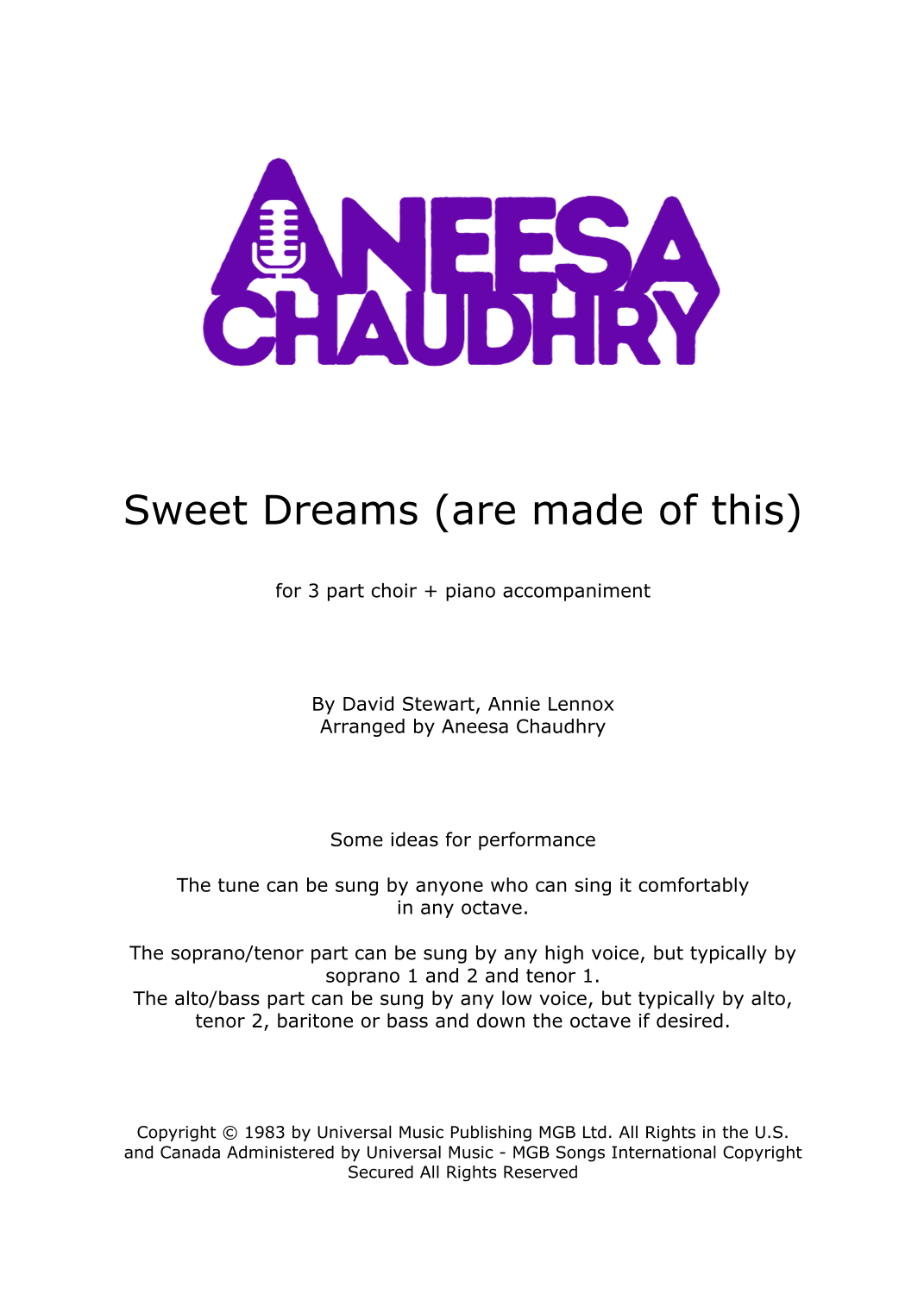 Sweet Dreams (are Made Of This) (arr. Aneesa Chaudhry)